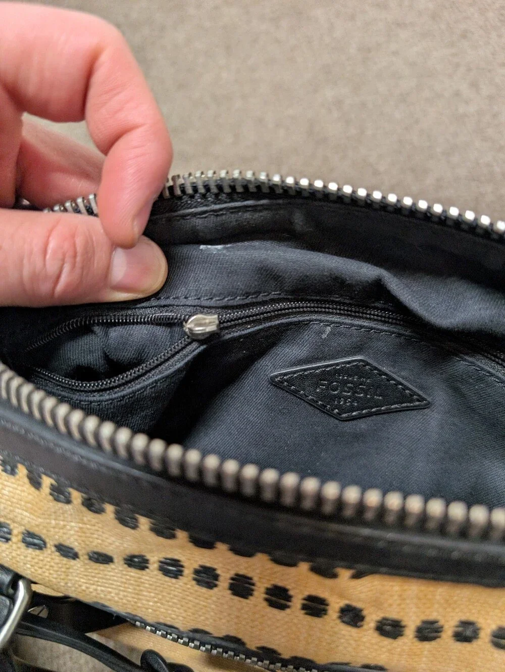 FOSSIL Women's Dawson Satchel Textile Black & Tan Polka Dot Purse Bag